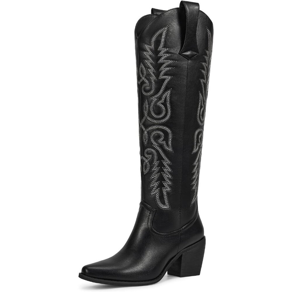 ⚡Womens Matte Black Faux Leather Cowboy Side Zipper Knee High  Chunky Heel Boots